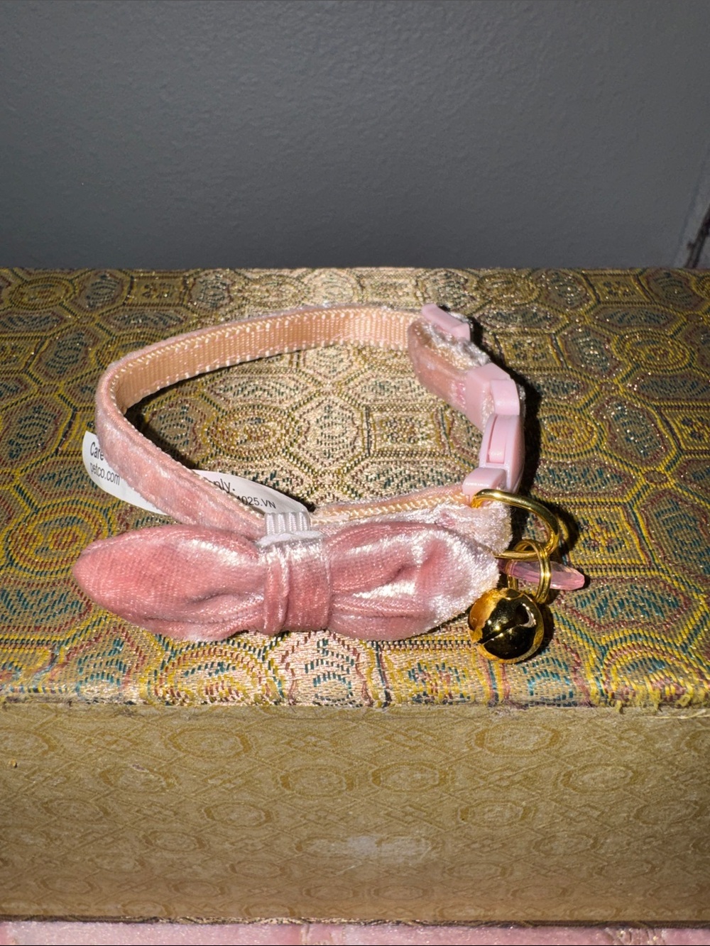 Pink Velvet Bow Cat Collar with Gold Bell